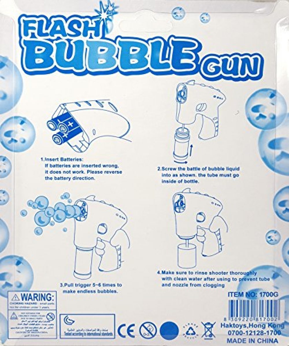 Haktoys Transparent Bubble Shooter Gun Ready to Play Light Up Blower with LED Flashing Lights, Extra Refill Bottle, Bubble Blaster Toy for Toddlers, Kids, Parties (Sound-Free, Batteries Included)